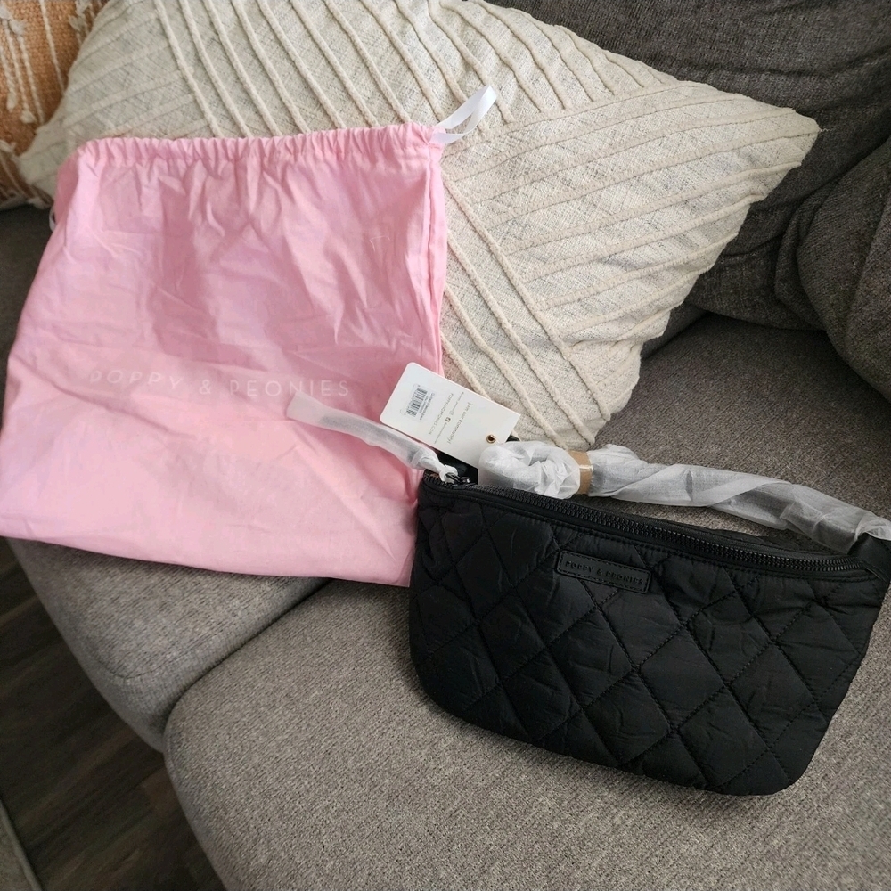 Poppy & Peonies Black Quilted Cosmetic Bag